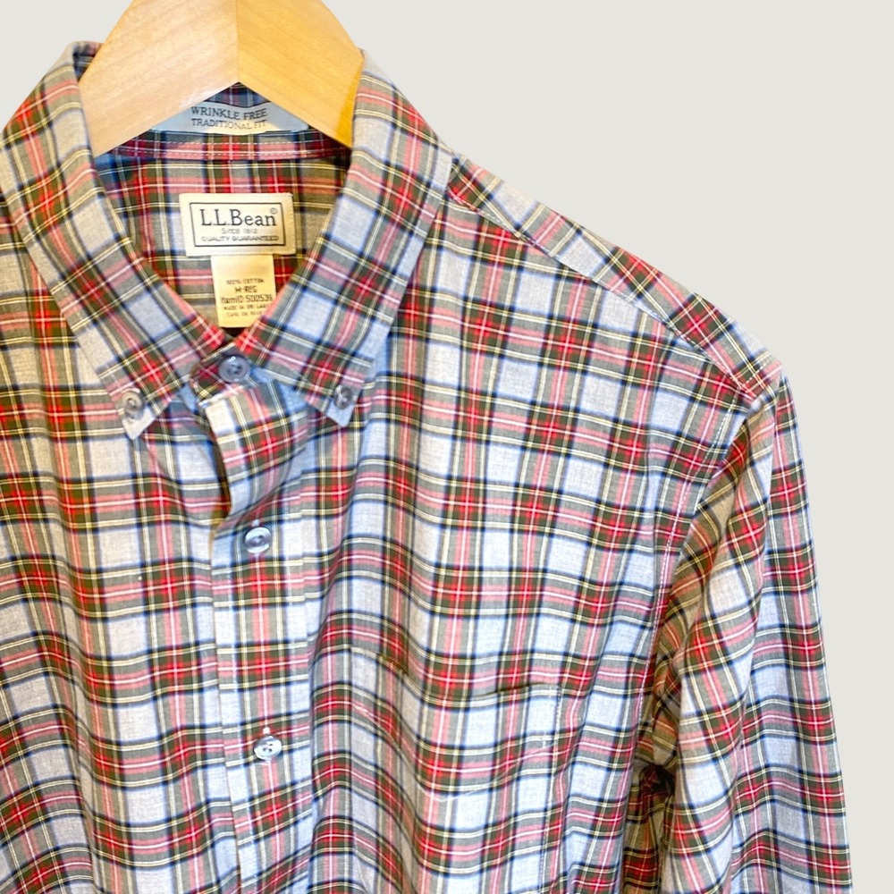 LL Bean Button Down Shirt Mens Medium Grey Red Plaid Excellent Wrinkle Free